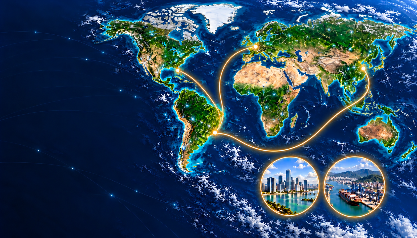 Mapa-múndi em tons azul e verde, com conexões douradas dos Estados Unidos, Europa e China até Santos e imagens de Miami e do porto de Santos